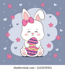 Greeting card cute cartoon bunny with flowers