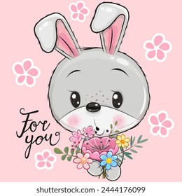 Greeting card Cute Cartoon Bunny with flowers on a pink background