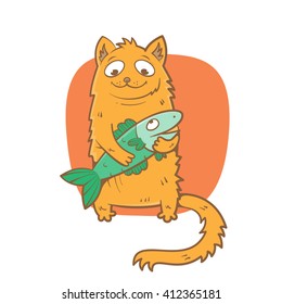 Greeting card with cute cartoon cat and  fish. Friendship of animals. Children's illustration. Vector image.