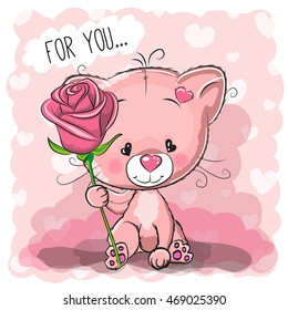 Greeting card cute cartoon Cat with flower on a pink background