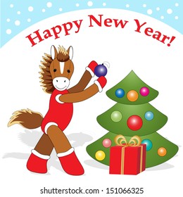 Greeting card with cute cartoon character horse as symbol of the next year
