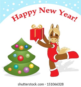 Greeting card with cute cartoon character horse as symbol of the next year