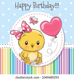 Greeting card Cute Cartoon Chicken girl with balloon