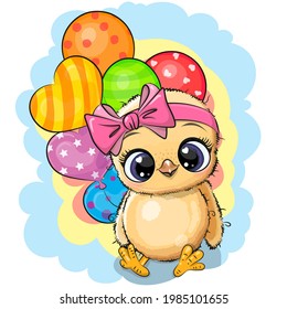 Greeting card Cute Cartoon Chicken girl with balloons