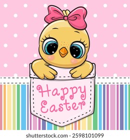 Greeting Card Cute Cartoon Chicken with bow in pink pocket