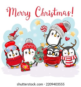 Greeting card Cute cartoon Christmas Penguins