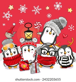 Greeting card Cute cartoon Christmas Penguins on a red background