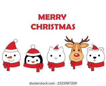 Greeting card with cute cartoon Christmas characters such as snowman, deer, cat, bear, penguin.