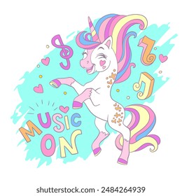 Greeting card with cute cartoon dancing unicorn and lettering Music One. Vector illustration in trendy pastel colors. Summer concept. For print, poster, cards, t shirt, stickers,clothes design