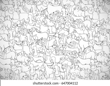Greeting card with cute cartoon dogs. Different breeds. Pattern is good for wallpaper, pattern fills, greeting cards, webpage backgrounds, wrapping paper and textile or fabric. Vector illustration.