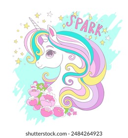 Greeting card with cute cartoon dreaming unicorn head with flowers and lettering Spark. Vector illustration in pastel colors. For print, cards, t shirt, stickers, poster, clothes design