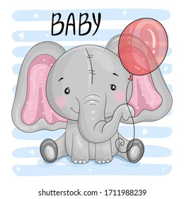 Greeting card cute cartoon Elephant with Balloon. Good for greeting cards, invitations, decoration, Print for Baby Shower, etc Hand drawn vector illustration with Elephant cute print