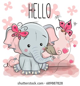 Greeting card cute cartoon Elephant with bird