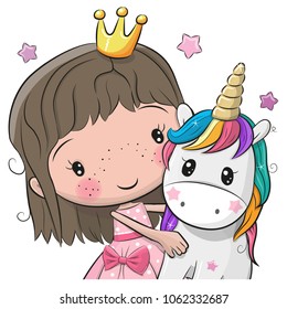 Greeting Card with Cute Cartoon fairy tale Princess and Unicorn