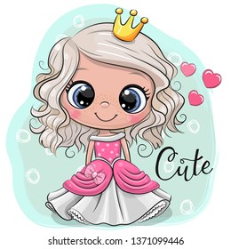 Greeting Card with Cute Cartoon fairy tale Princess on a bluebackground