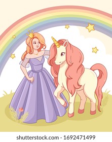 Greeting Card with Cute Cartoon fairy tale Princess and Unicorn. Vector illustration