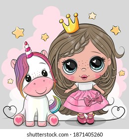 Greeting Card with Cute Cartoon fairy tale Princess and Unicorn