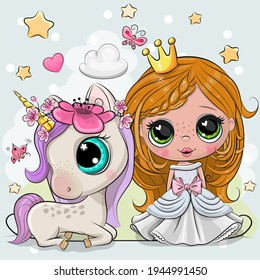 Greeting Card with Cute Cartoon fairy tale Princess and Unicorn