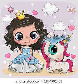 Greeting Card with Cute Cartoon fairy tale Princess and Unicorn