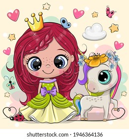 Greeting Card with Cute Cartoon fairy tale Princess and Unicorn