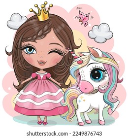 Greeting Card with Cute Cartoon fairy tale Princess and Unicorn