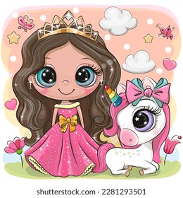 Tarjeta de saludo con Cute Cartoon cuento de hadas Princesa y Unicornio