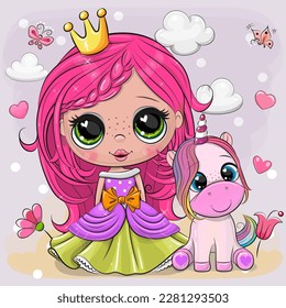 Greeting Card with Cute Cartoon fairy tale Princess with pink hair and Unicorn