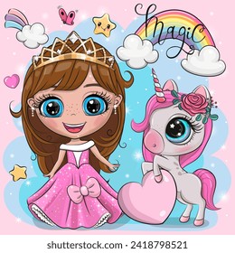 Tarjeta de saludo con Cute Cartoon cuento de hadas Princesa y Unicornio