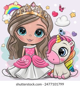 Tarjeta de felicitación con la princesa y el unicornio lindo del cuento de hadas de la historieta