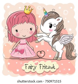 Greeting Card with Cute Cartoon fairy tale Princess and Unicorn