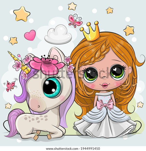 Greeting Card with Cute Cartoon fairy tale\
Princess and Unicorn