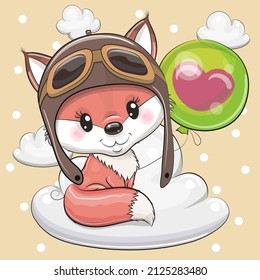 Greeting card Cute Cartoon Fox in a pilot hat with green balloon on a cloud