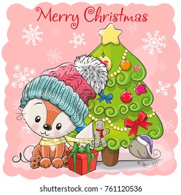 Greeting card Cute Cartoon Fox in a hat and scarf