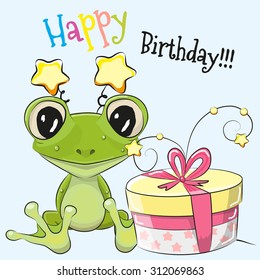 Greeting card cute Cartoon frog with gift
