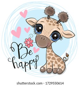 Greeting card Cute Cartoon Giraffe with flower on a blue background