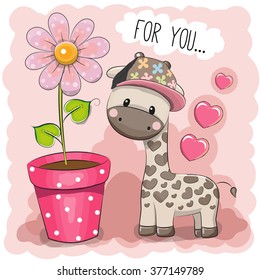 Greeting card Cute Cartoon Giraffe  with a flower