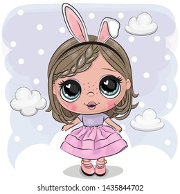 Greeting card Cute Cartoon girl with rabbit ears on a cloud