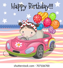Greeting card Cute Cartoon Girl on a car with balloon
