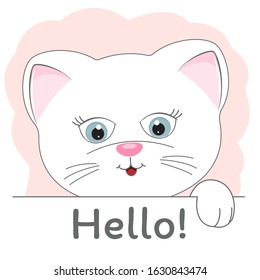 Greeting card cute cartoon head cat. Graphic element for kids, greeting card, cover, poster and t-shirt. Vector illustration.