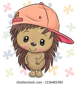 Greeting card cute cartoon Hedgehog boy with cap