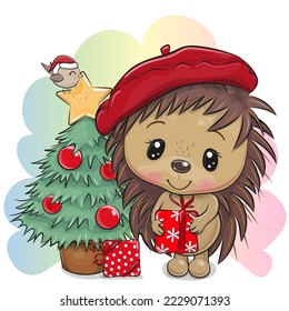 Greeting card Cute Cartoon Hedgehog with gift and Christmas tree