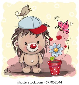 Greeting card cute cartoon Hedgehog with flower