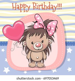 Greeting card Cute Cartoon Hedgehog girl with balloon