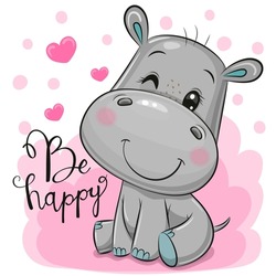 Greeting Card Cute Cartoon Hippo On A Pink Background