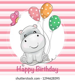 greeting card cute cartoon hippo with ballons and butterfly