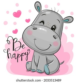Greeting card Cute Cartoon Hippo on a pink background