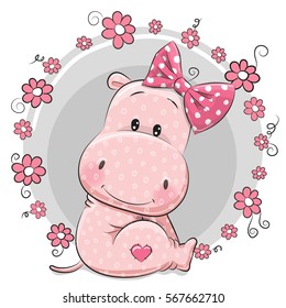 Greeting card cute Cartoon Hippo girl with flowers