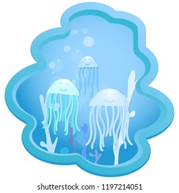 Greeting card cute cartoon Jellyfish and coral for shower card, birthday card. Paper art marine style illustration