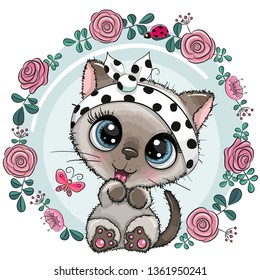 Greeting card Cute Cartoon Kitten with flowers