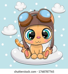 Greeting card Cute Cartoon Kitten in a pilot hat  on a cloud
